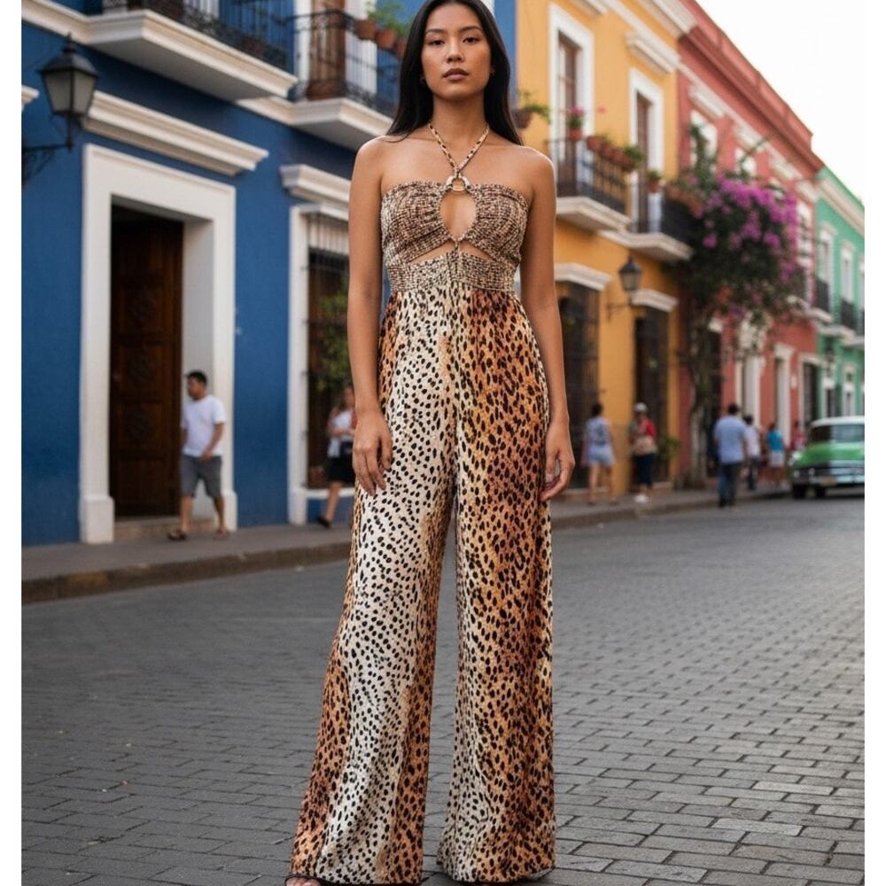 River Island Jump Suit Romper Leopard Wide Leg Halter Smocking Metallic SZ SM